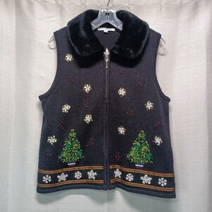 Mercer Street Studio L Christmas Vest Faux Fur Collar Beaded Embroidered Zip